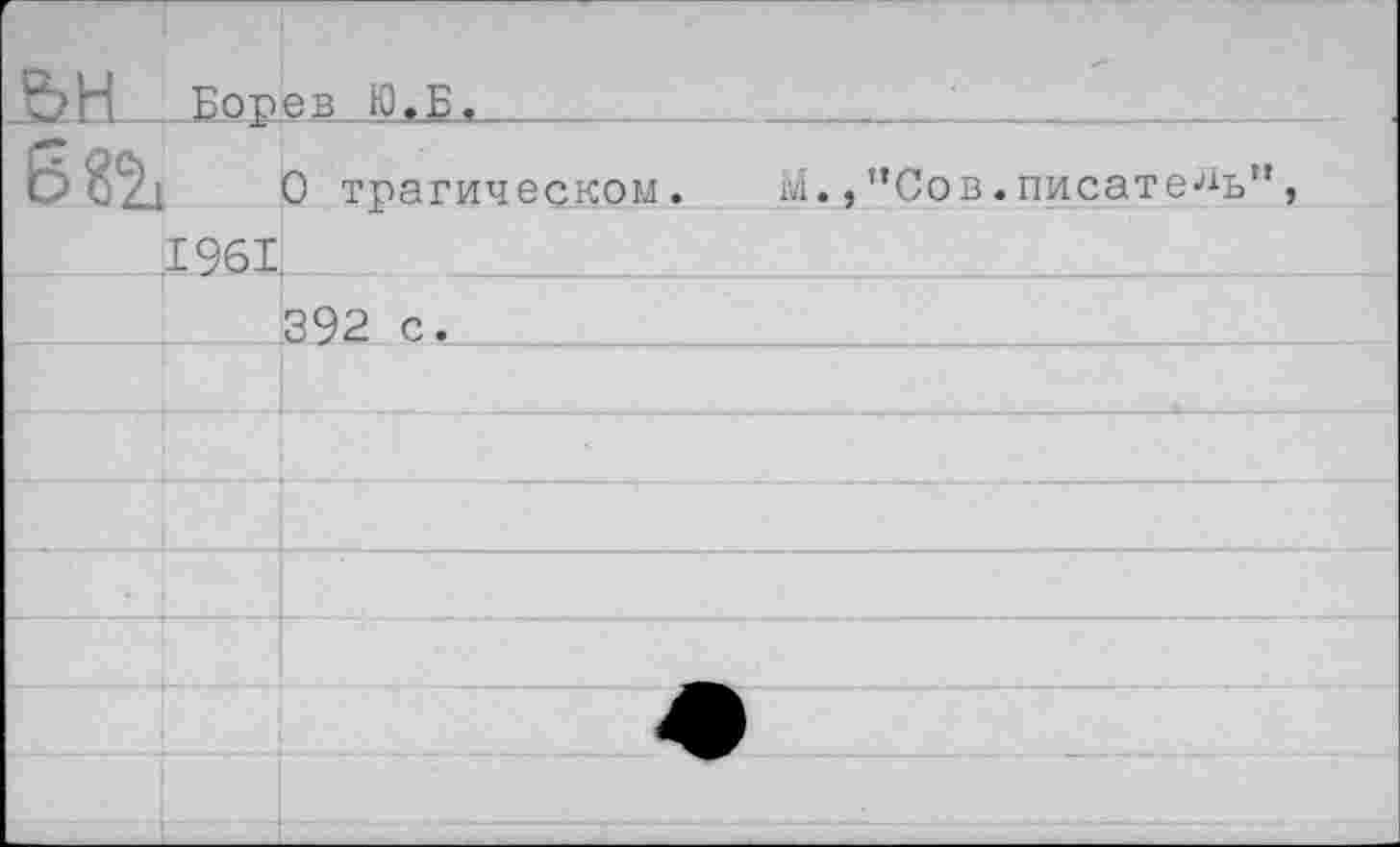 ﻿Борев Ю.Б.		
б 85^ |		0 трагическом. м.,"Сов.писатель”,
	1961	
		392 с.
		
		
		
		
		
		
		